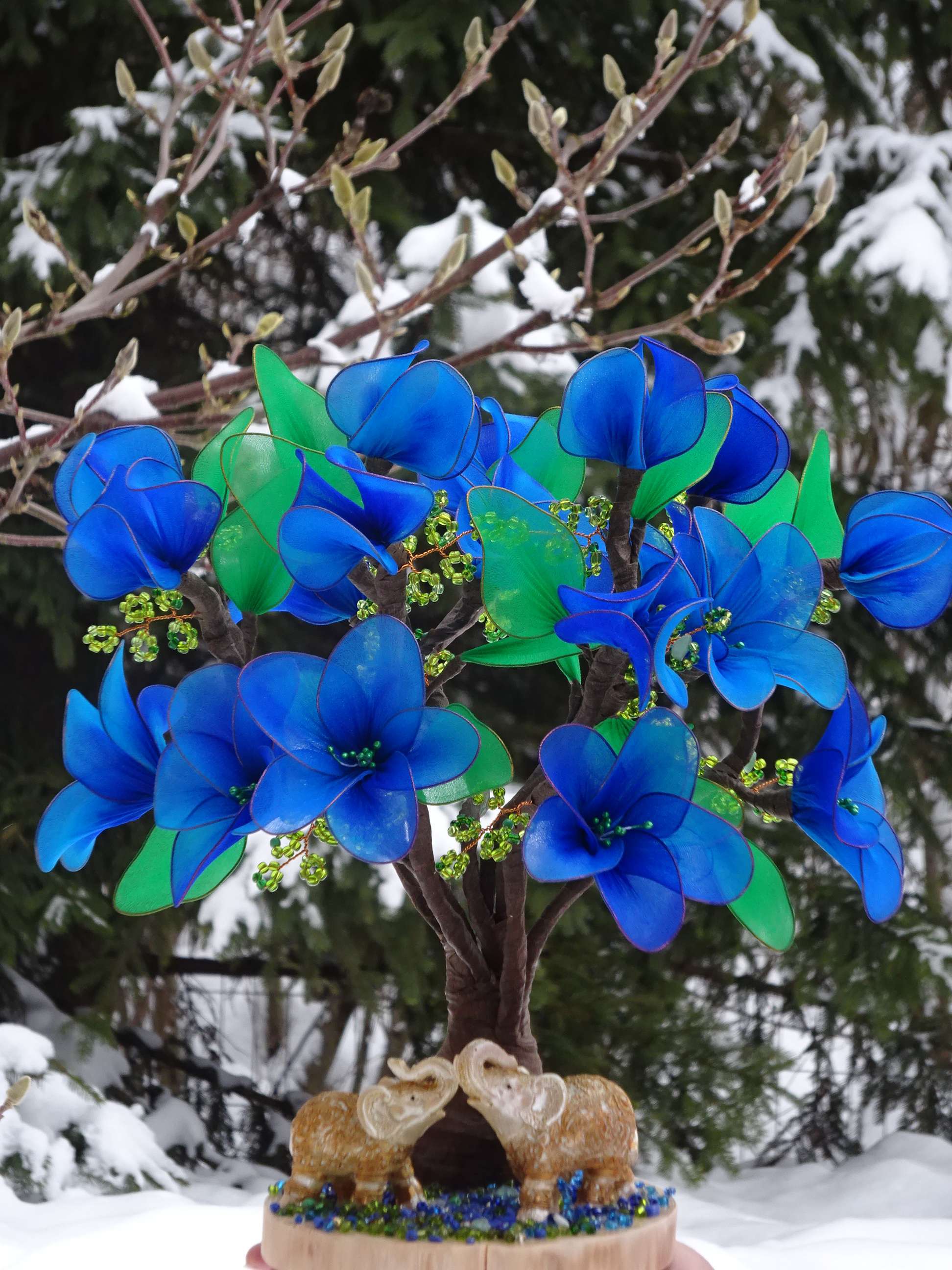 Bonsai albastru cu 2 elefanți